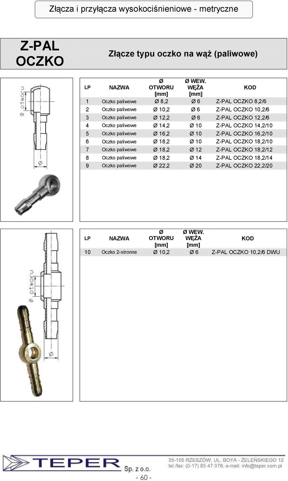 12,2/6 4 Oczko paliwowe Ø 14,2 Ø 10 Z-PAL OCZKO 14,2/10 5 Oczko paliwowe Ø 16,2 Ø 10 Z-PAL OCZKO 16,2/10 6 Oczko paliwowe Ø 18,2 Ø 10 Z-PAL OCZKO 18,2/10 7 Oczko