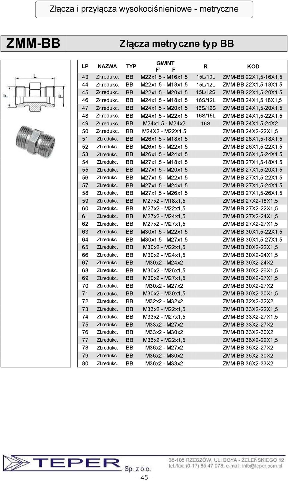 redukc. BB M24x1.5 - M24x2 16S ZMM-BB 24X1.5-24X2 50 Zł.redukc. BB M24X2 - M22X1,5 ZMM-BB 24X2-22X1,5 51 Zł.redukc. BB M26x1,5 - M18x1,5 ZMM-BB 26X1,5-18X1,5 52 Zł.redukc. BB M26x1,5 - M22x1,5 ZMM-BB 26X1,5-22X1,5 53 Zł.