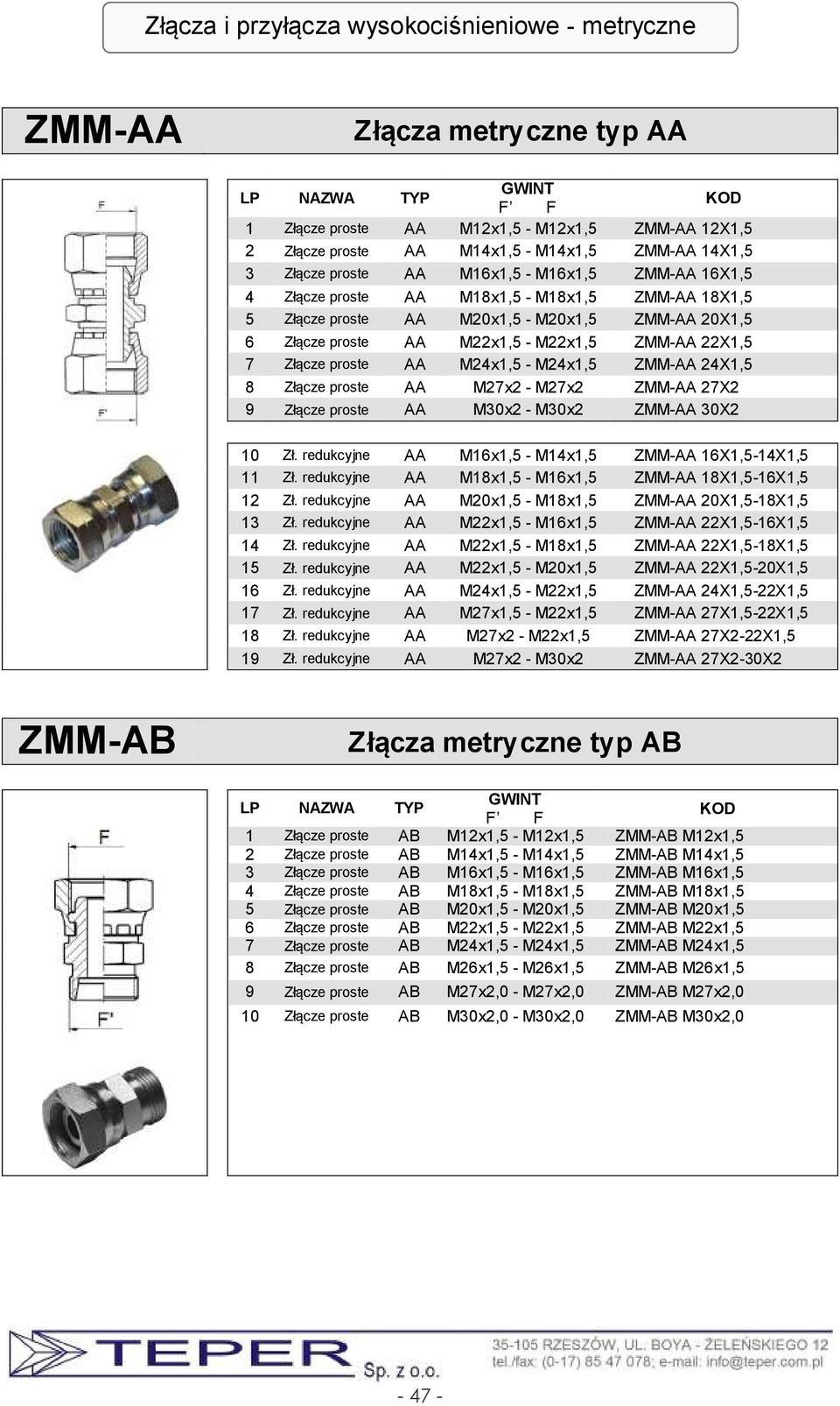 Złącze proste AA M24x1,5 - M24x1,5 ZMM-AA 24X1,5 8 Złącze proste AA M27x2 - M27x2 ZMM-AA 27X2 9 Złącze proste AA M30x2 - M30x2 ZMM-AA 30X2 10 Zł.