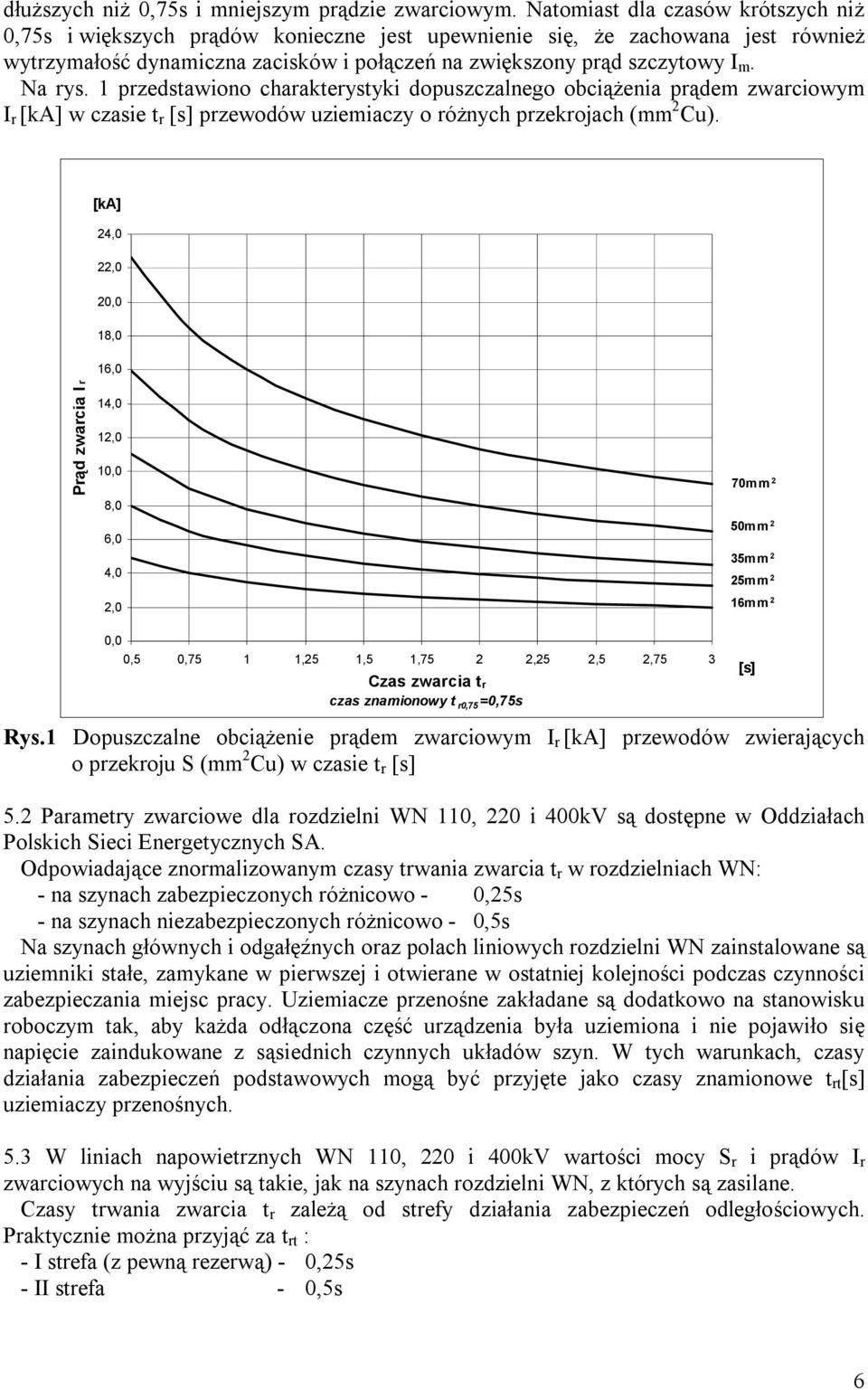 Na rys. 1 przedstawiono charakterystyki dopuszczalnego obciążenia prądem zwarciowym I r [ka] w czasie t r [s] przewodów uziemiaczy o różnych przekrojach (mm 2 Cu).