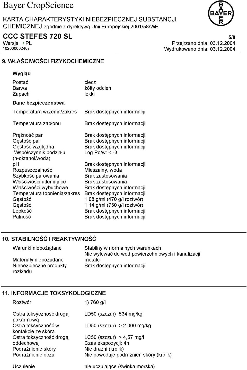 Współczynnik podziału Log Po/w: < -3 (n-oktanol/woda) ph Rozpuszczalność Mieszalny, woda Szybkość parowania Brak zastosowania Właściwości utleniające Brak zastosowania Właściwości wybuchowe