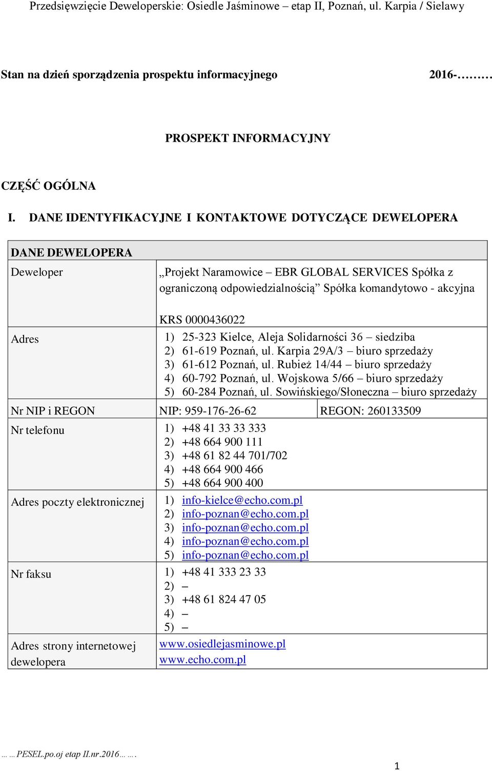 0000436022 1) 25-323 Kielce, Aleja Solidarności 36 siedziba 2) 61-619 Poznań, ul. Karpia 29A/3 biuro sprzedaży 3) 61-612 Poznań, ul. Rubież 14/44 biuro sprzedaży 4) 60-792 Poznań, ul.