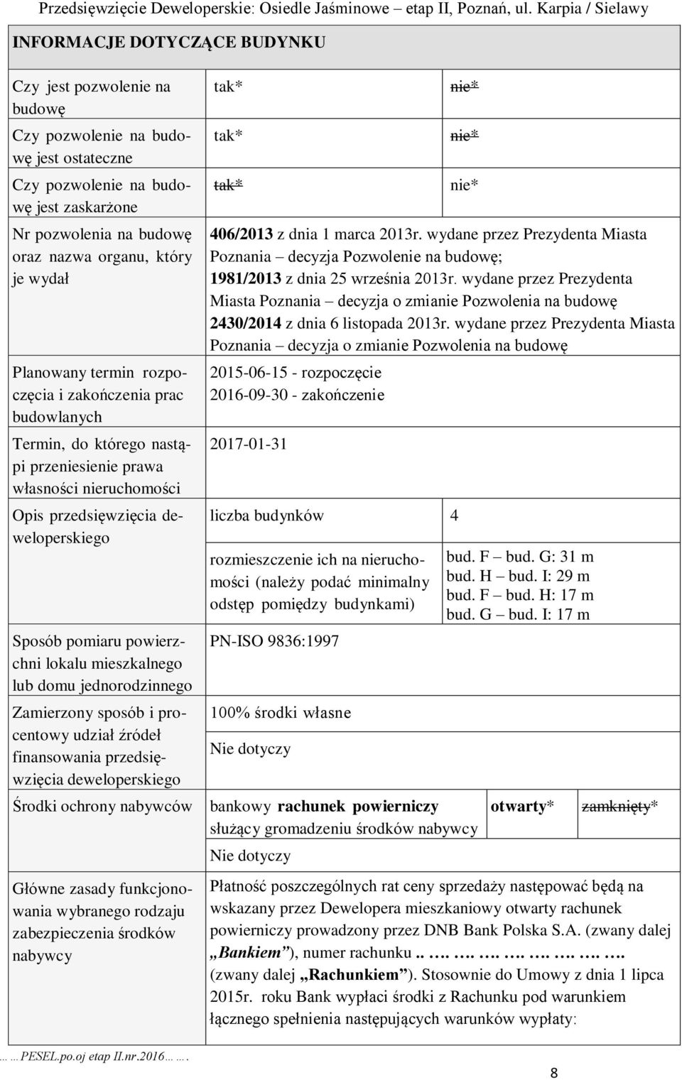 Zamierzony sposób i procentowy udział źródeł finansowania przedsięwzięcia deweloperskiego Środki ochrony nabywców Główne zasady funkcjonowania wybranego rodzaju zabezpieczenia środków nabywcy tak*