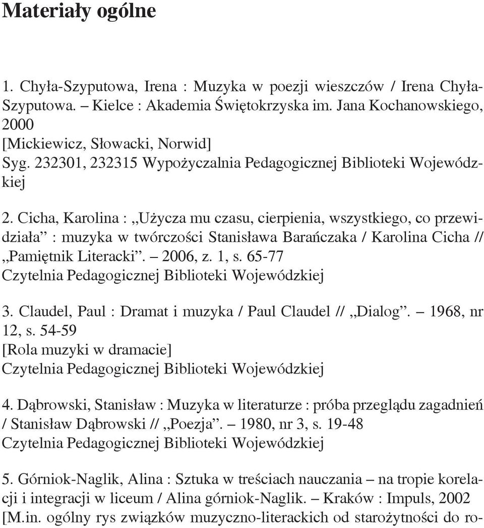 Cicha, Karolina : Użycza mu czasu, cierpienia, wszystkiego, co przewidziała : muzyka w twórczości Stanisława Barańczaka / Karolina Cicha // Pamiętnik Literacki. 2006, z. 1, s. 65-77 3.