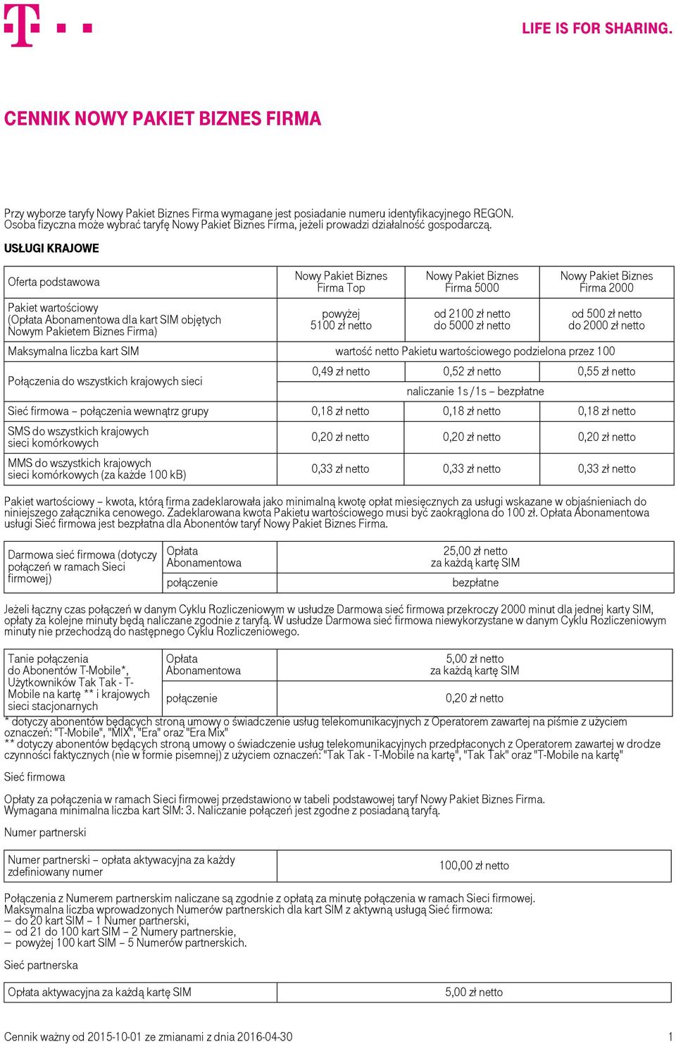 netto Firma 2000 od 500 zł netto do 2000 zł netto Maksymalna liczba kart SIM wartość netto Pakietu wartościowego podzielona przez 100 Połączenia do wszystkich krajowych sieci 0,49 zł netto 0,52 zł