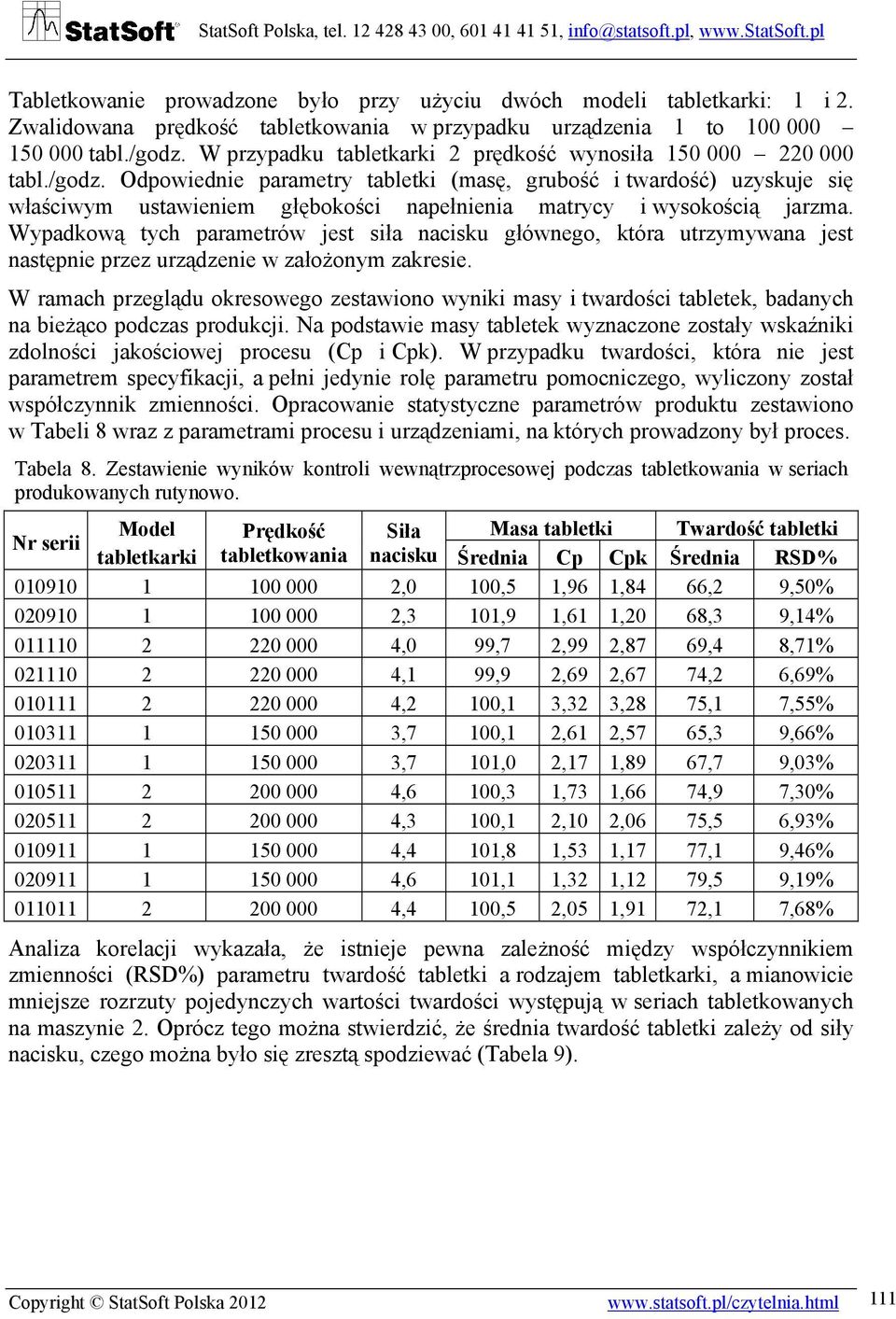 Odpowiednie parametry tabletki (masę, grubość i twardość) uzyskuje się właściwym ustawieniem głębokości napełnienia matrycy i wysokością jarzma.