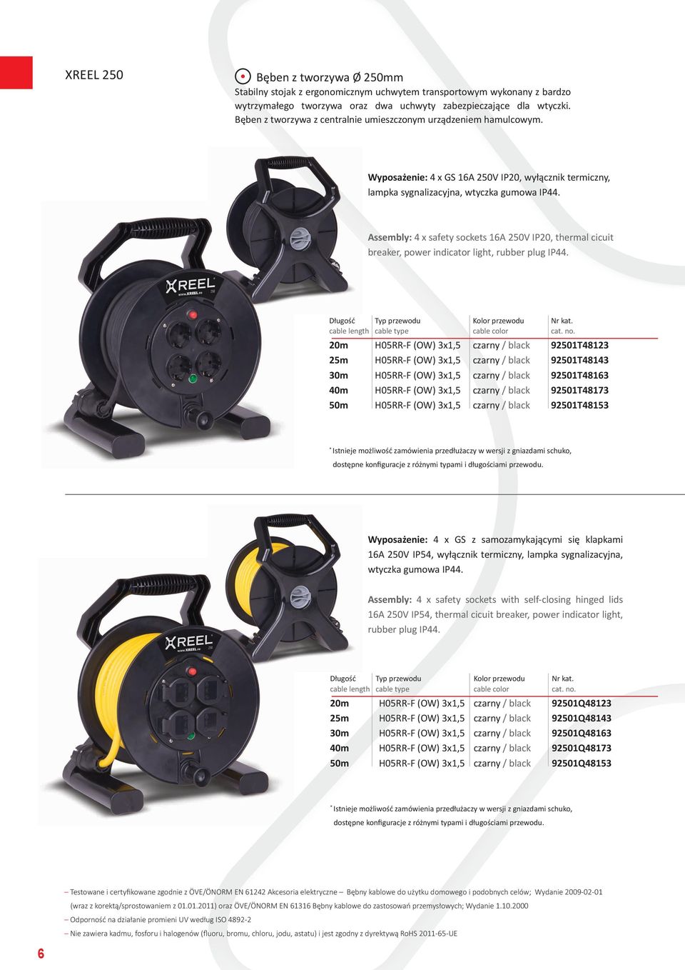 Assembly: 4 x safety sockets 16A 250V IP20, thermal cicuit breaker, power indicator light, rubber plug IP44. Długość Typ przewodu Kolor przewodu Nr kat. cable length cable type cable color cat. no.