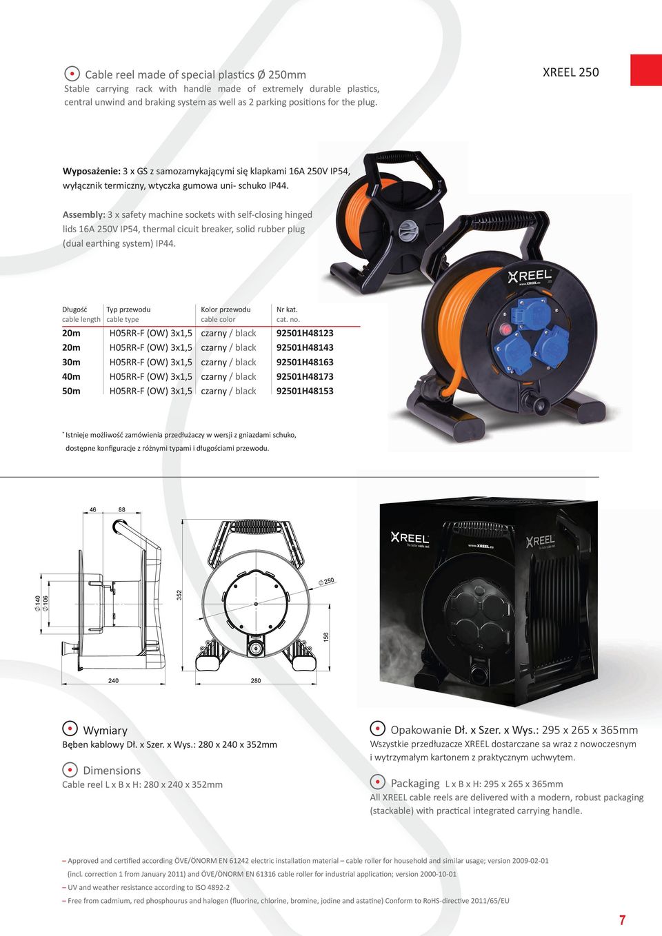 Assembly: 3 x safety machine sockets with self-closing hinged lids 16A 250V IP54, thermal cicuit breaker, solid rubber plug (dual earthing system) IP44. Długość Typ przewodu Kolor przewodu Nr kat.