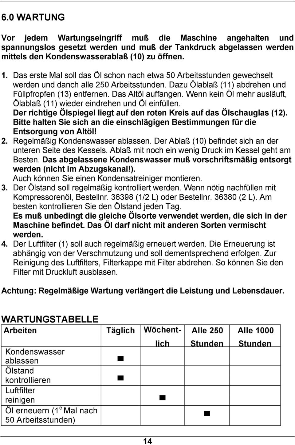 Wenn kein Öl mehr ausläuft, Ölablaß (11) wieder eindrehen und Öl einfüllen. Der richtige Ölspiegel liegt auf den roten Kreis auf das Ölschauglas (12).