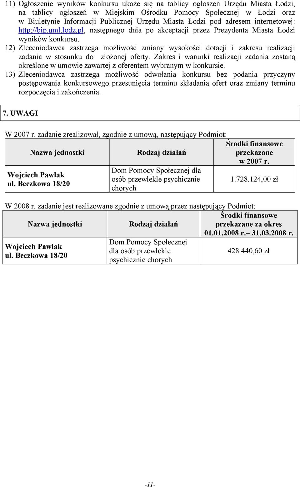 12) Zleceniodawca zastrzega możliwość zmiany wysokości dotacji i zakresu realizacji zadania w stosunku do złożonej oferty.