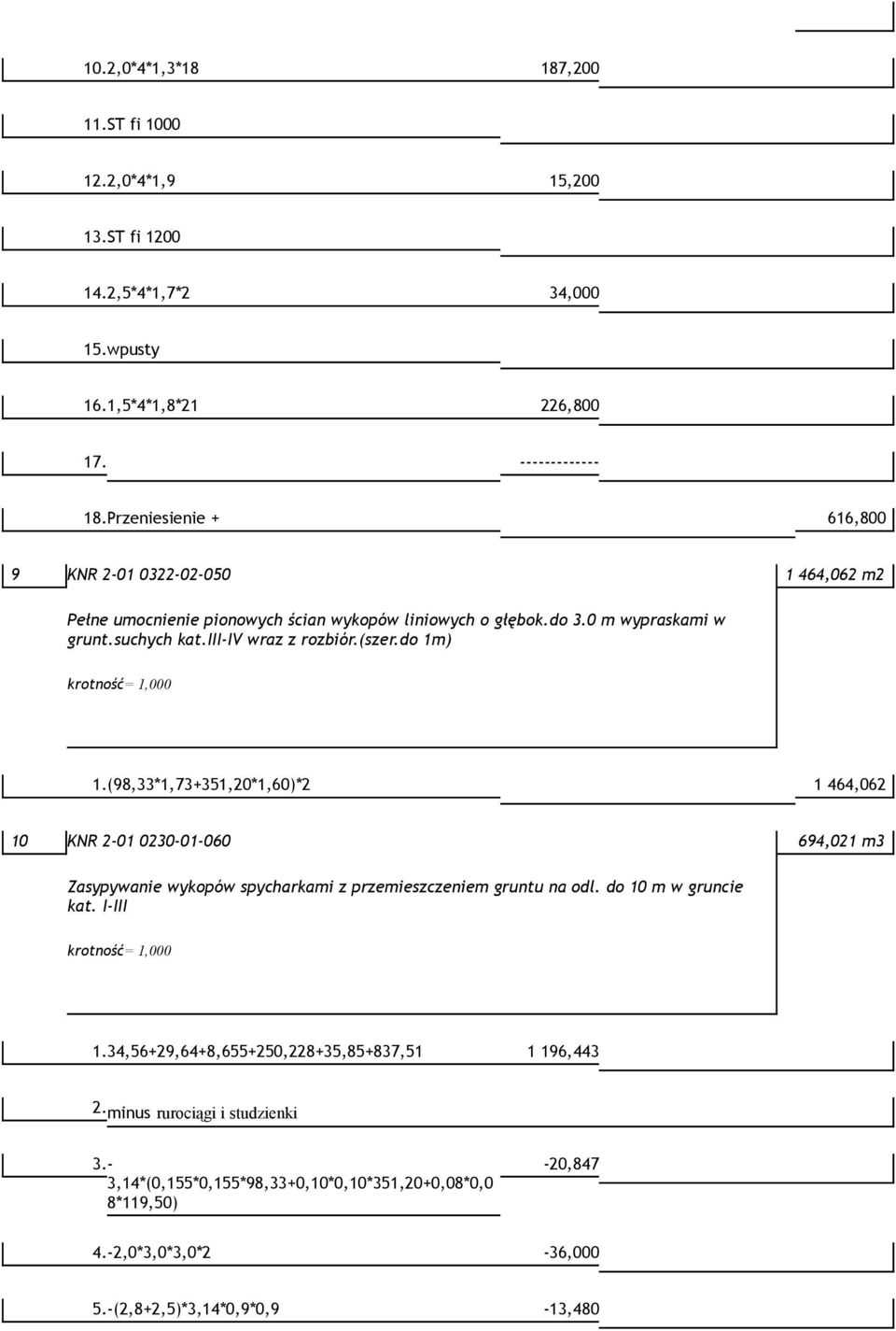 iii-iv wraz z rozbiór.(szer.do 1m) 1.(98,33*1,73+351,20*1,60)*2 1 464,062 10 KNR 2-01 0230-01-060 694,021 m3 Zasypywanie wykopów spycharkami z przemieszczeniem gruntu na odl.