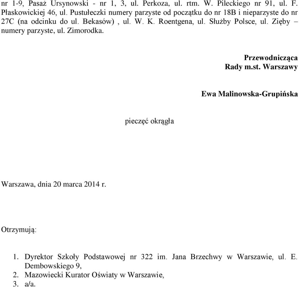 Służby Polsce, ul. Zięby numery parzyste, ul. Zimorodka. Przewodnicząca Rady m.st. Warszawy Ewa Malinowska-Grupińska pieczęć okrągła Warszawa, dnia 20 marca 2014 r.