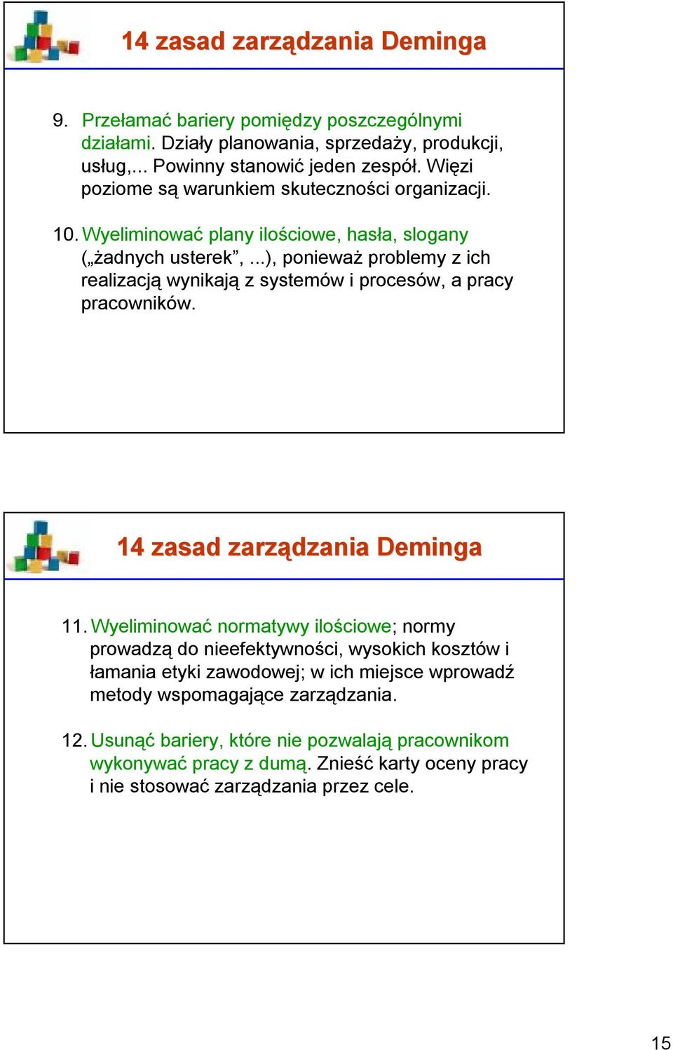 ..), ponieważ problemy z ich realizacją wynikają z systemów i procesów, a pracy pracowników. 14 zasad zarządzania Deminga 11.