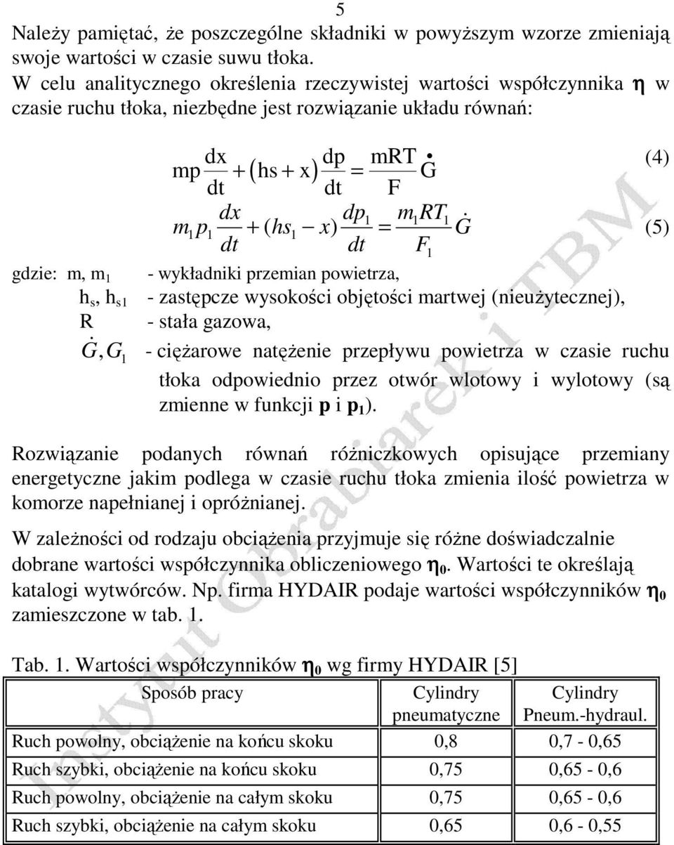 dt dt F G (4) dx dp1 m1rt 1 m p hs x G& 1 1 + ( 1 ) = dt dt F (5) gdzie: m, m 1 - wykładniki przemian powietrza, h s, h s1 - zastępcze wysokości objętości martwej (nieużytecznej), R - stała gazowa, G