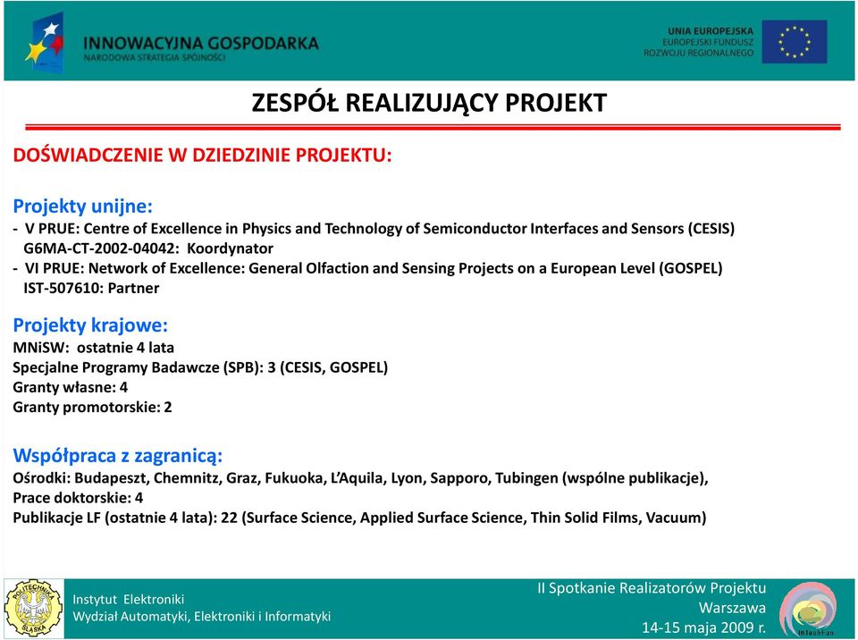 krajowe: MNiSW: ostatnie 4 lata Specjalne Programy Badawcze (SPB): 3 (CESIS, GOSPEL) Granty własne: 4 Granty promotorskie: 2 Współpraca z zagranicą: Ośrodki: Budapeszt, Chemnitz,