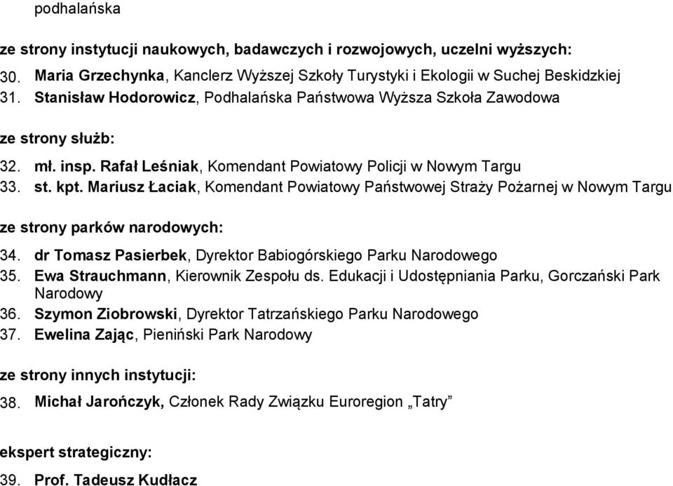 Mariusz Łaciak, Komendant Powiatowy Państwowej Straży Pożarnej w Nowym Targu ze strony parków narodowych: 34. dr Tomasz Pasierbek, Dyrektor Babiogórskiego Parku Narodowego 35.