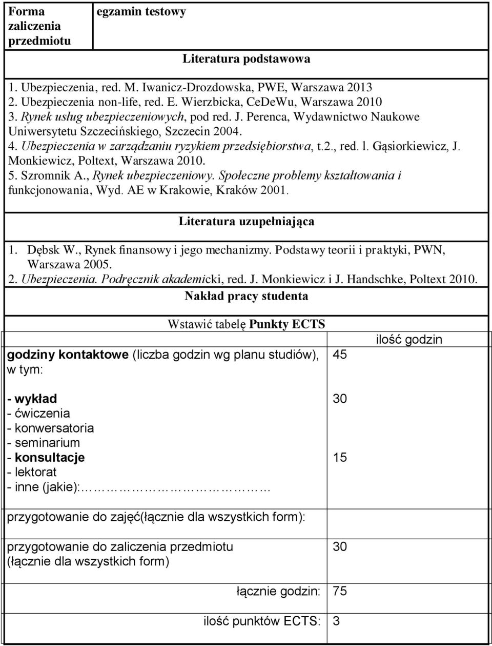 Gąsiorkiewicz, J. Monkiewicz, Poltext, Warszawa 00. 5. Szromnik A., Rynek ubezpieczeniowy. Społeczne problemy kształtowania i funkcjonowania, Wyd. AE w Krakowie, Kraków 00. Literatura uzupełniająca.