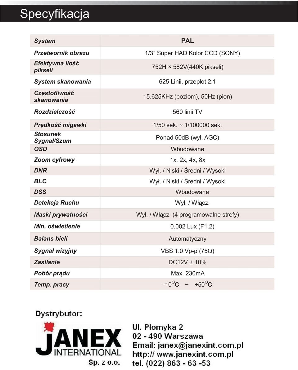 625KHz (poziom), 50Hz (pion) 560 linii TV 1/50 sek. ~ 1/100000 sek. Ponad 50dB (wył. AGC) Wbudowane 1x, 2x, 4x, 8x Wył. / Niski / Średni / Wysoki Wył.