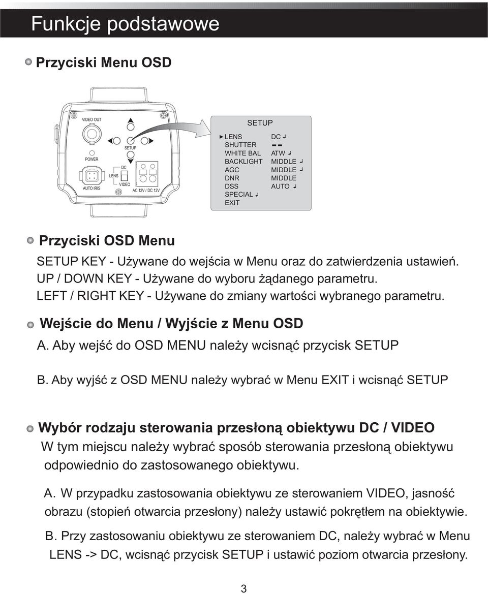 LEFT / RIGHT KEY - Używane do zmiany wartości wybranego parametru. Wejście do Menu / Wyjście z Menu OSD A. Aby wejść do OSD MENU należy wcisnąć przycisk SETUP B.