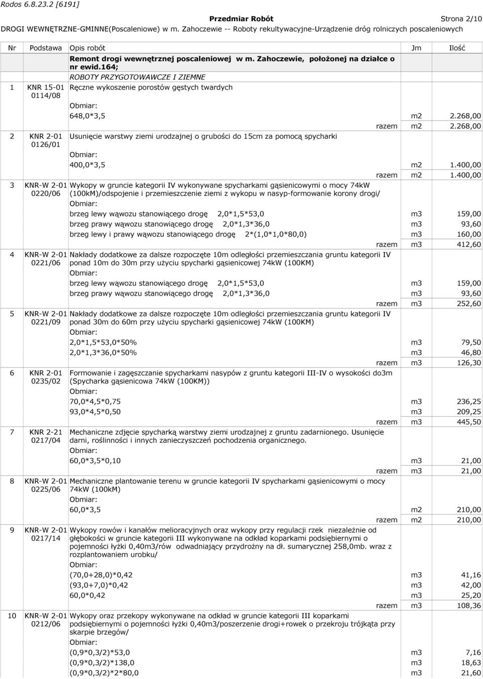 164; ROBOTY PRZYGOTOWAWCZE I ZIEMNE Ręczne wykoszenie porostów gęstych twardych 648,0*3,5 m2 2.268,00 Usunięcie warstwy ziemi urodzajnej o grubości do 15cm za pomocą spycharki razem m2 2.