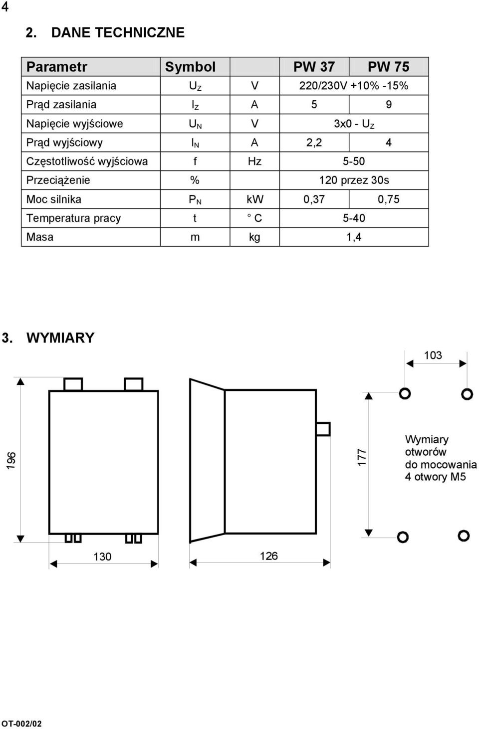 wyjściowe U N V 3x0 - UZ Prąd wyjściowy IN A 2, 2 4 Częstotliwość wyjściow a f Hz 5-50