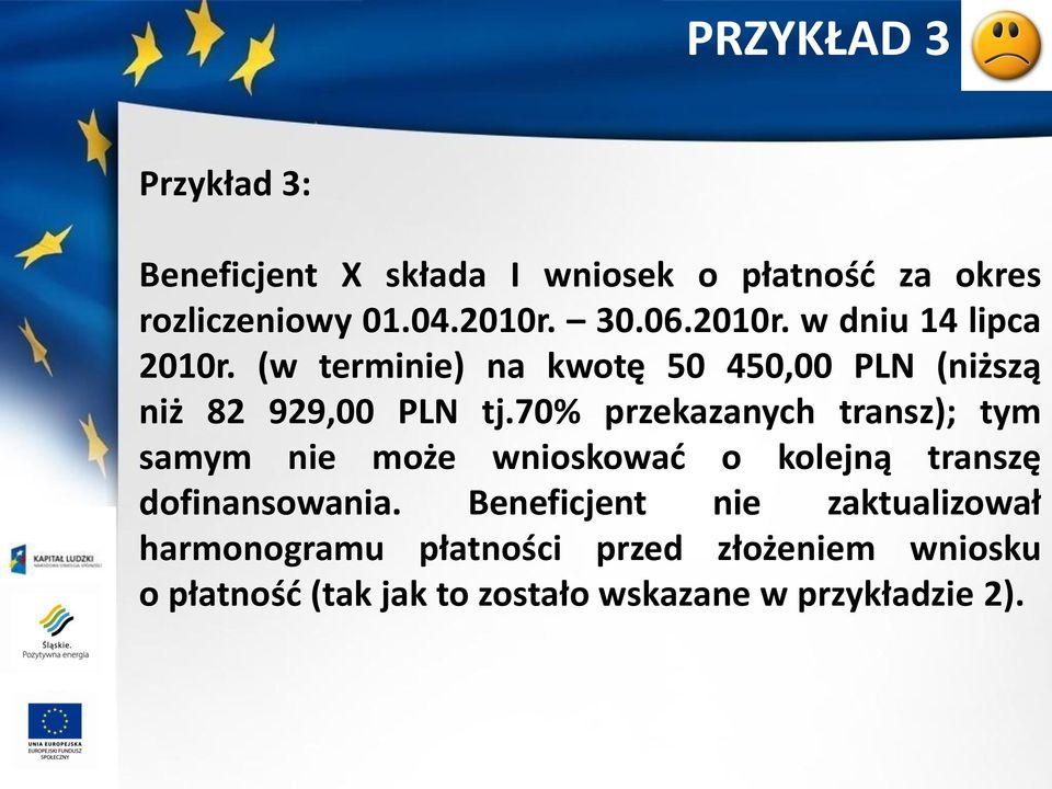 70% przekazanych transz); tym samym nie może wnioskowad o kolejną transzę dofinansowania.