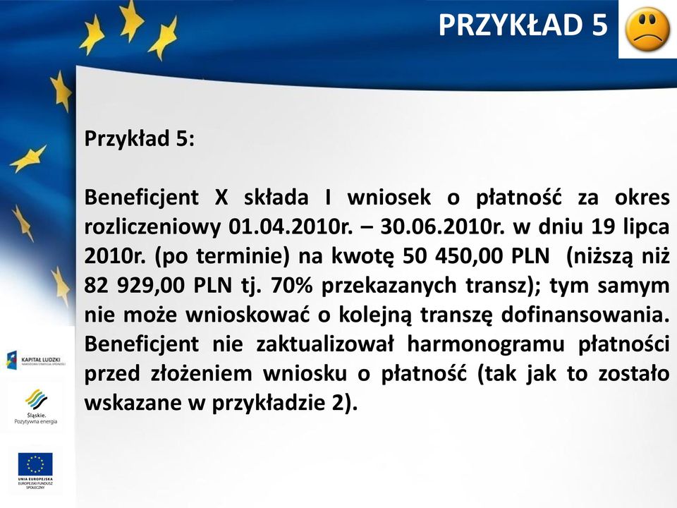 70% przekazanych transz); tym samym nie może wnioskowad o kolejną transzę dofinansowania.