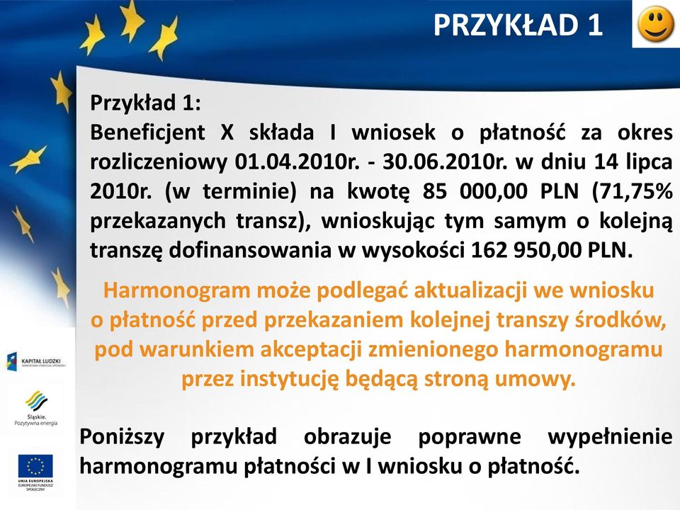 PLN. Harmonogram może podlegad aktualizacji we wniosku o płatnośd przed przekazaniem kolejnej transzy środków, pod warunkiem akceptacji