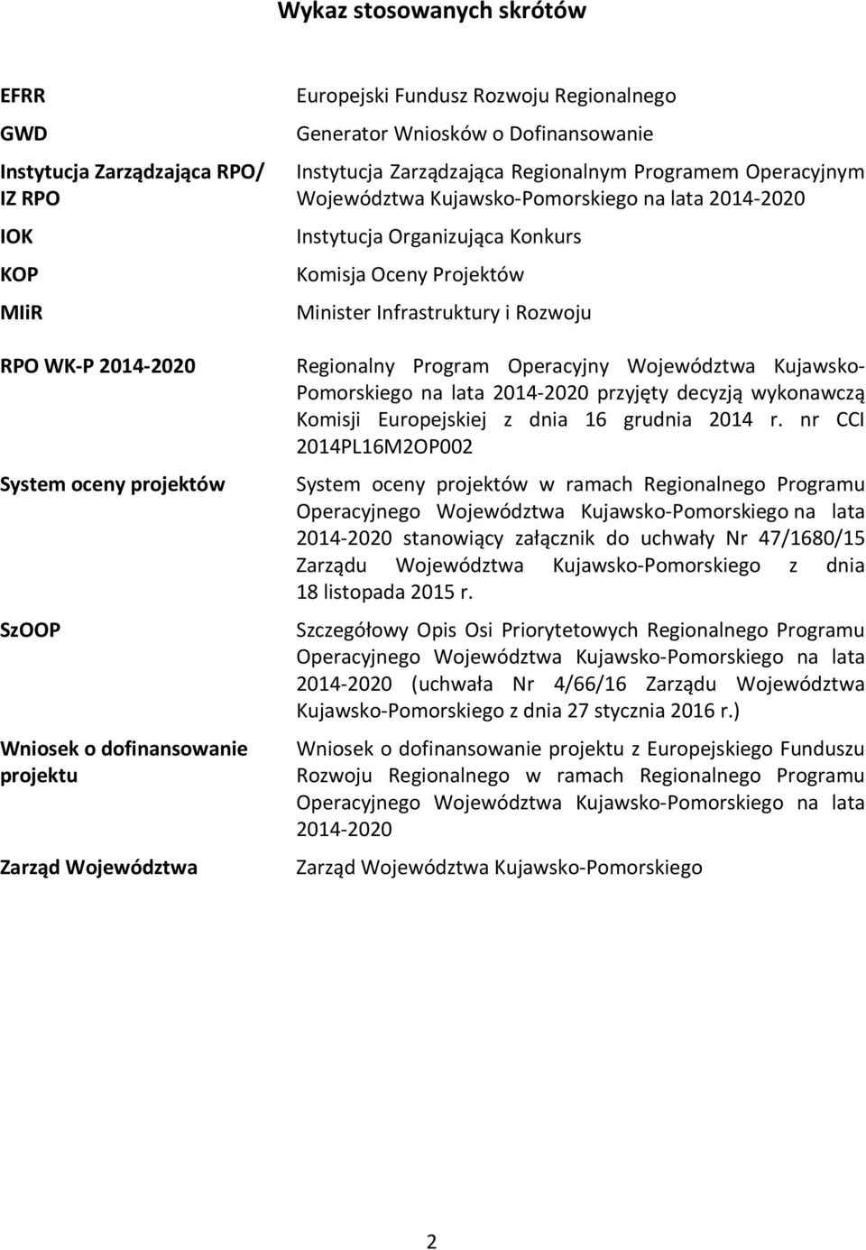 Konkurs Komisja Oceny Projektów Minister Infrastruktury i Rozwoju Regionalny Program Operacyjny Województwa Kujawsko- Pomorskiego na lata 2014-2020 przyjęty decyzją wykonawczą Komisji Europejskiej z