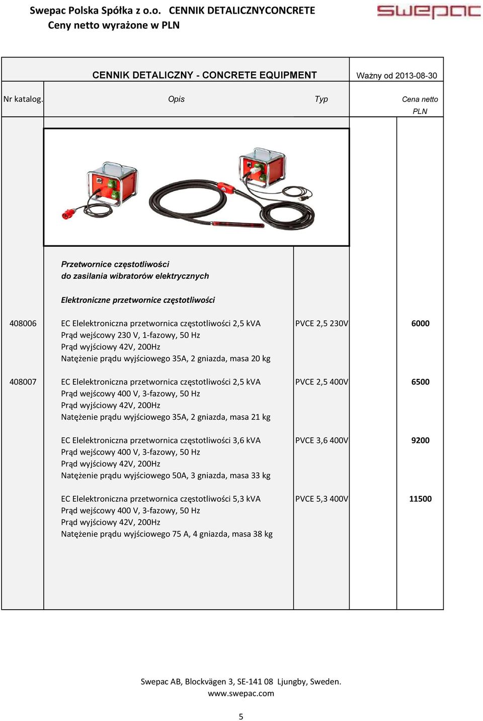 2,5 400V 6500 Prąd wejścowy 400 V, 3-fazowy, 50 Hz Prąd wyjściowy 42V, 200Hz Natężenie prądu wyjściowego 35A, 2 gniazda, masa 21 kg EC Elelektroniczna przetwornica częstotliwości 3,6 kva PVCE 3,6