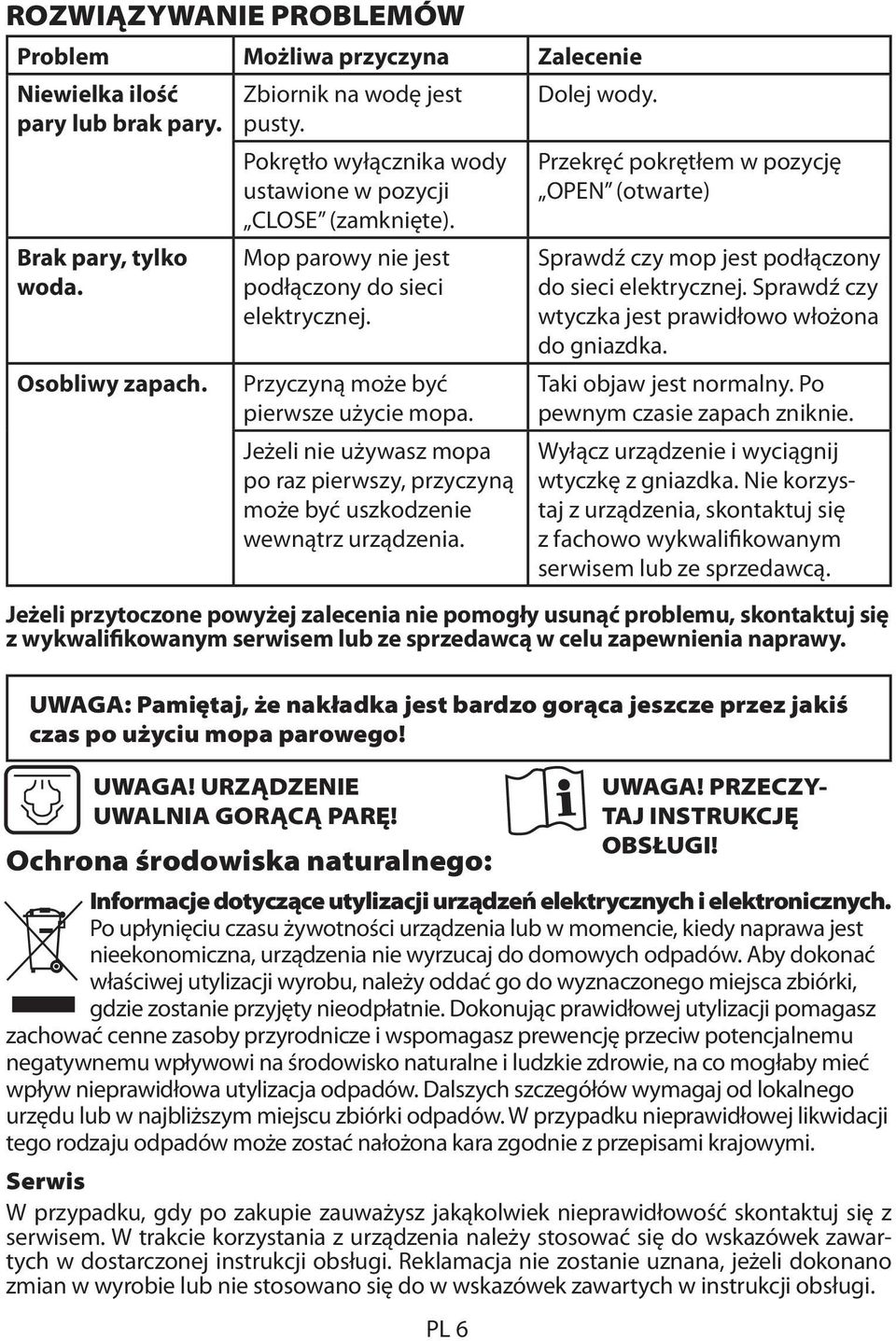 Jeżeli nie używasz mopa po raz pierwszy, przyczyną może być uszkodzenie wewnątrz urządzenia. Przekręć pokrętłem w pozycję OPEN (otwarte) Sprawdź czy mop jest podłączony do sieci elektrycznej.