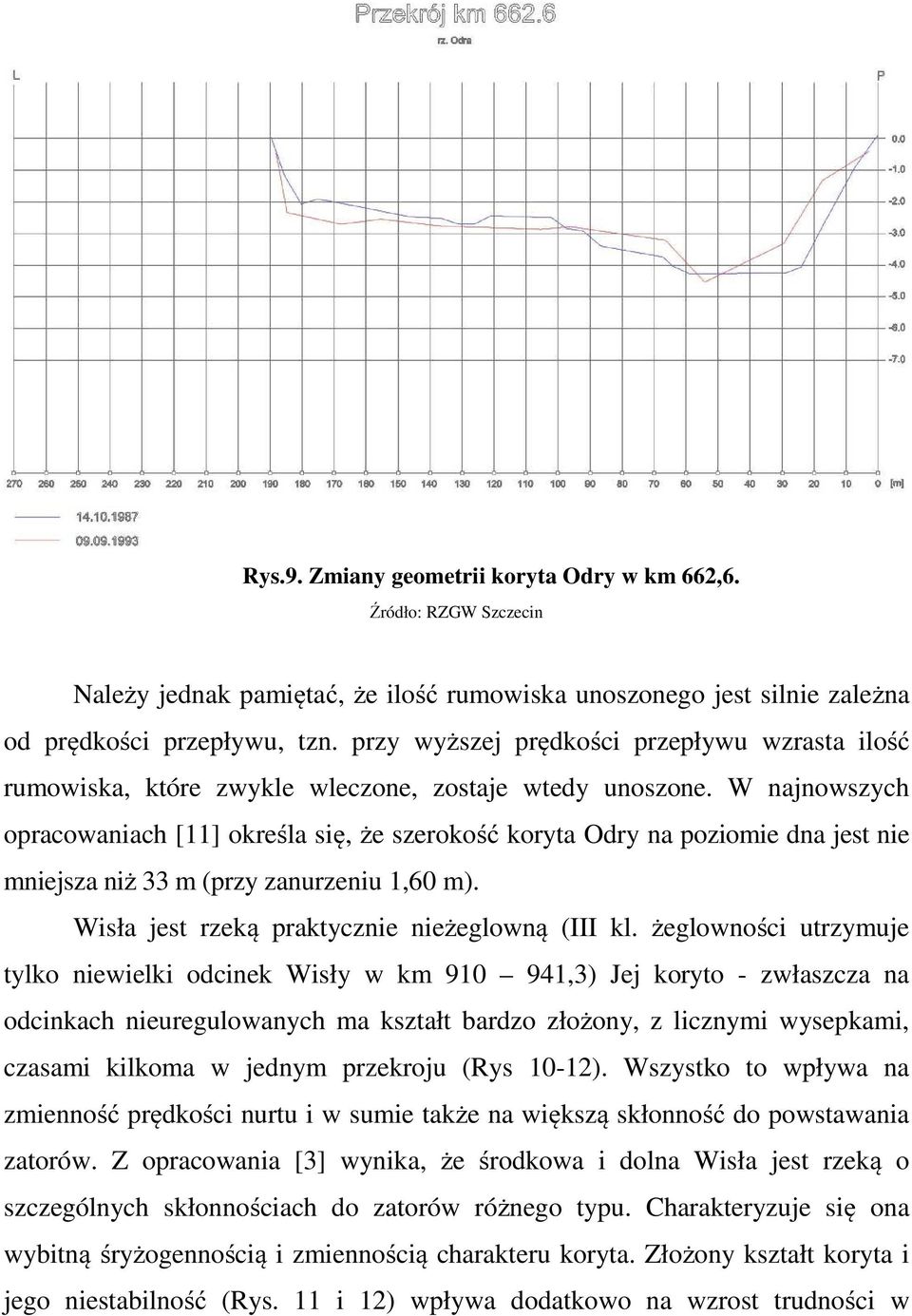 W najnowszych opracowaniach [11] określa się, że szerokość koryta Odry na poziomie dna jest nie mniejsza niż 33 m (przy zanurzeniu 1,60 m). Wisła jest rzeką praktycznie nieżeglowną (III kl.