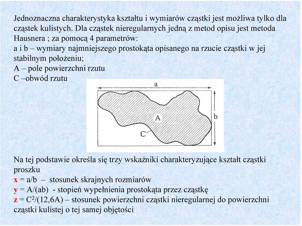 cząstki w jej stabilnym położeniu; A pole powierzchni rzutu C obwód rzutu Na tej podstawie określa się trzy wskaźniki charakteryzujące kształt cząstki