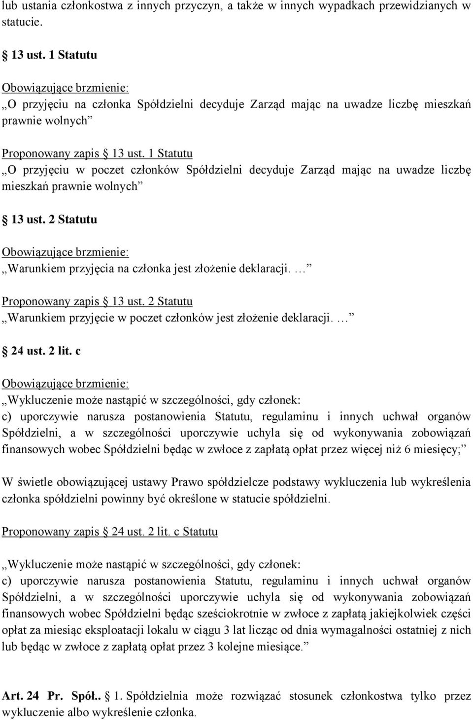 1 Statutu O przyjęciu w poczet członków Spółdzielni decyduje Zarząd mając na uwadze liczbę mieszkań prawnie wolnych 13 ust. 2 Statutu Warunkiem przyjęcia na członka jest złożenie deklaracji.