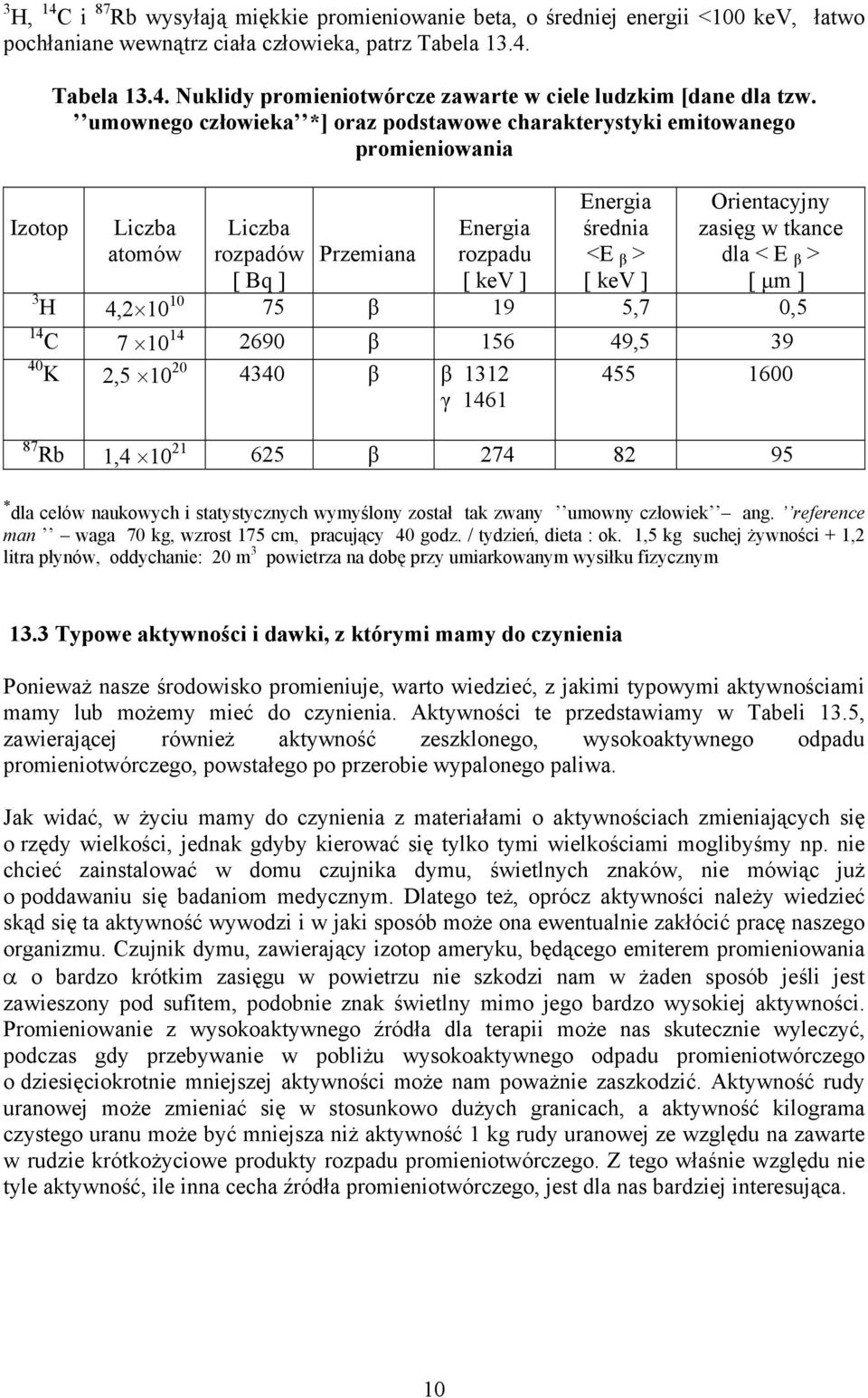 zasięg w tkance dla < E β > [ μm ] 3 H 4,2 10 10 75 β 19 5,7 0,5 14 C 7 10 14 2690 β 156 49,5 39 40 K 2,5 10 20 4340 β β 1312 γ 1461 455 1600 87 Rb 1,4 10 21 625 β 274 82 95 dla celów naukowych i