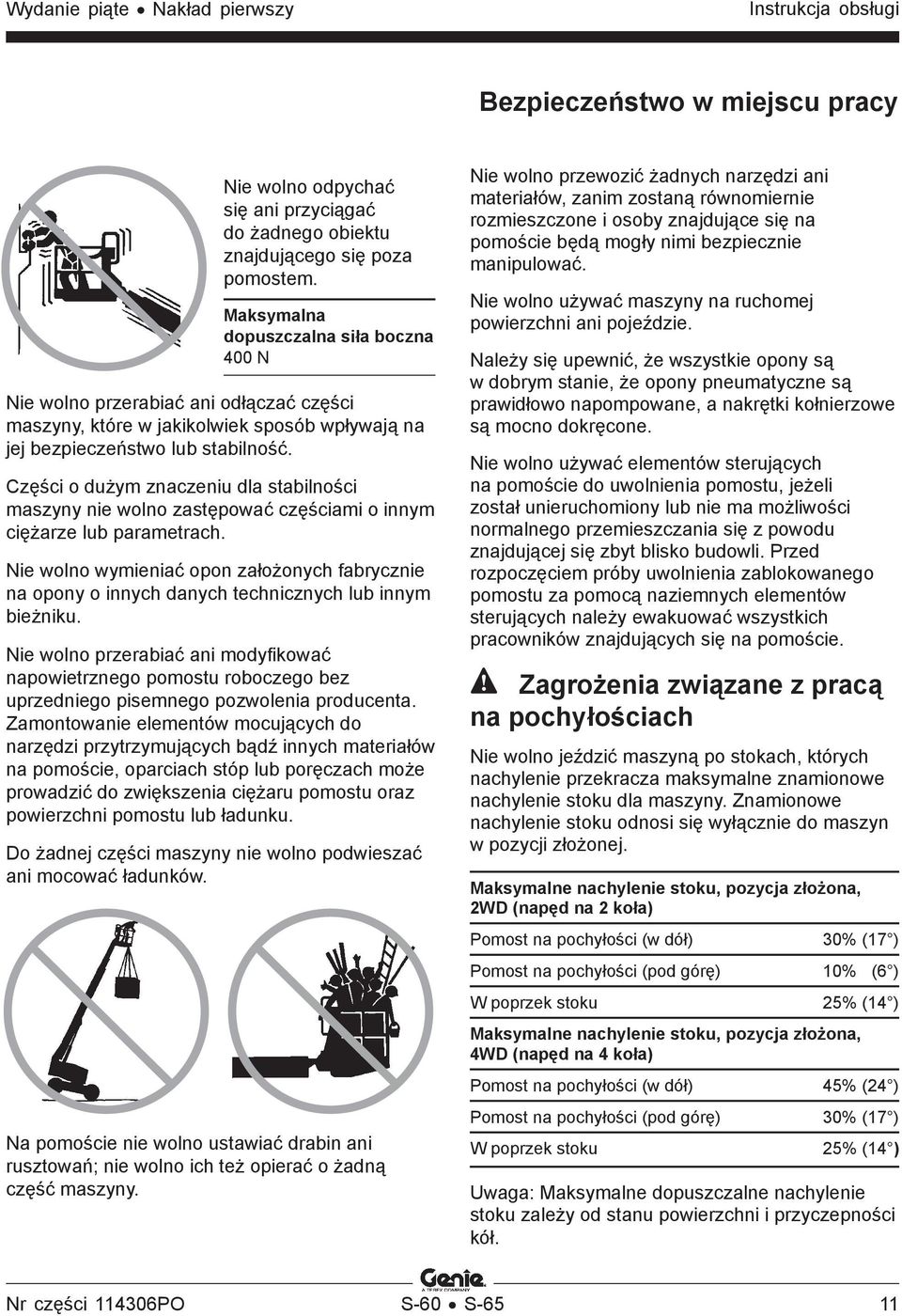 Części o dużym znaczeniu dla stabilności maszyny nie wolno zastępować częściami o innym ciężarze lub parametrach.