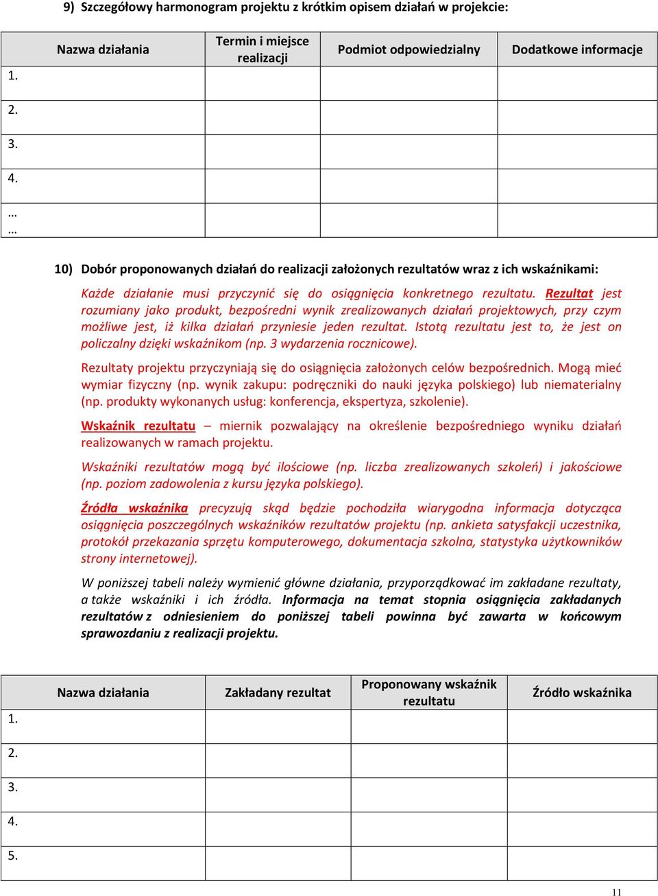 Rezultat jest rozumiany jako produkt, bezpośredni wynik zrealizowanych działań projektowych, przy czym możliwe jest, iż kilka działań przyniesie jeden rezultat.