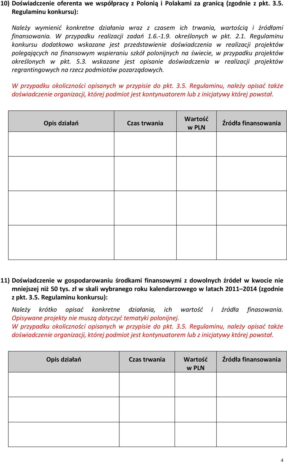 6.-1.9. określonych w pkt. 2.1. Regulaminu konkursu dodatkowo wskazane jest przedstawienie doświadczenia w realizacji projektów polegających na finansowym wspieraniu szkół polonijnych na świecie, w