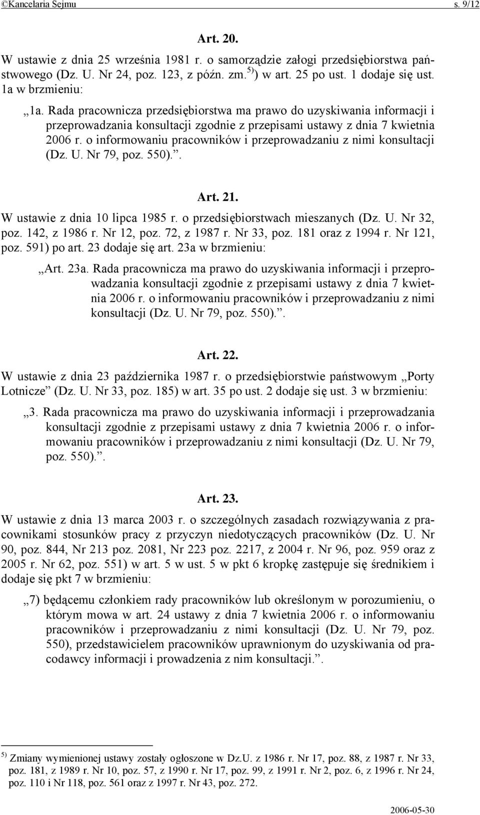 o informowaniu pracowników i przeprowadzaniu z nimi konsultacji (Dz. U. Nr 79, poz. 550).. Art. 21. W ustawie z dnia 10 lipca 1985 r. o przedsiębiorstwach mieszanych (Dz. U. Nr 32, poz. 142, z 1986 r.