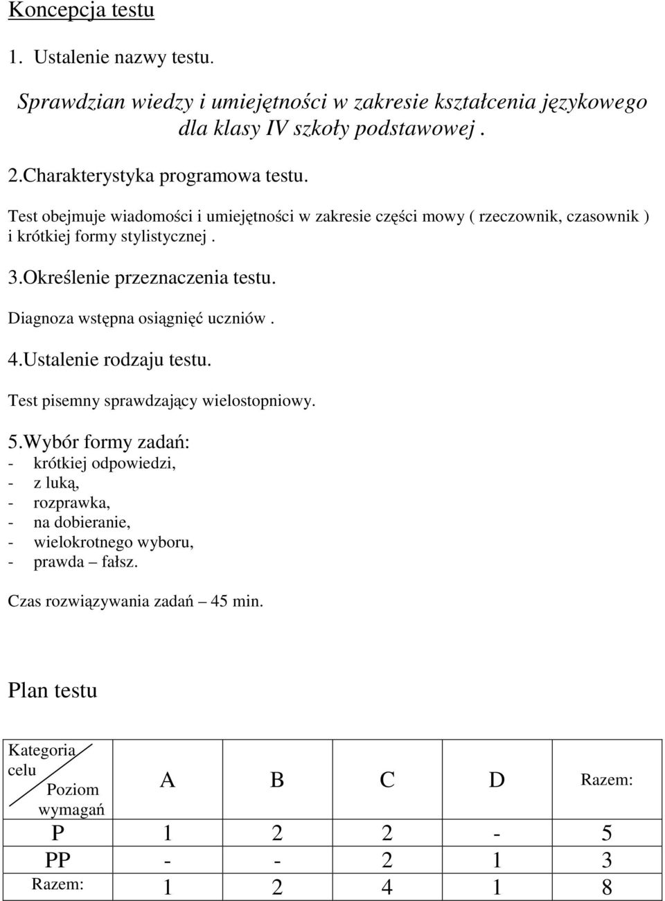 Określenie przeznaczenia testu. Diagnoza wstępna osiągnięć uczniów. 4.Ustalenie rodzaju testu. Test pisemny sprawdzający wielostopniowy. 5.