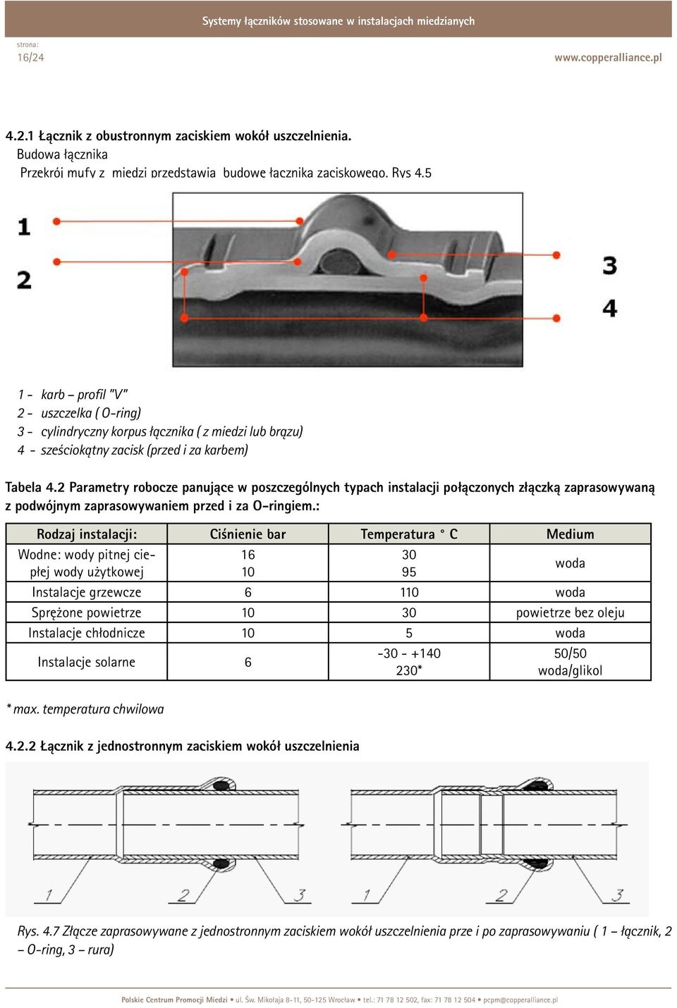 2 Parametry robocze panujące w poszczególnych typach instalacji połączonych złączką zaprasowywaną z podwójnym zaprasowywaniem przed i za O-ringiem.