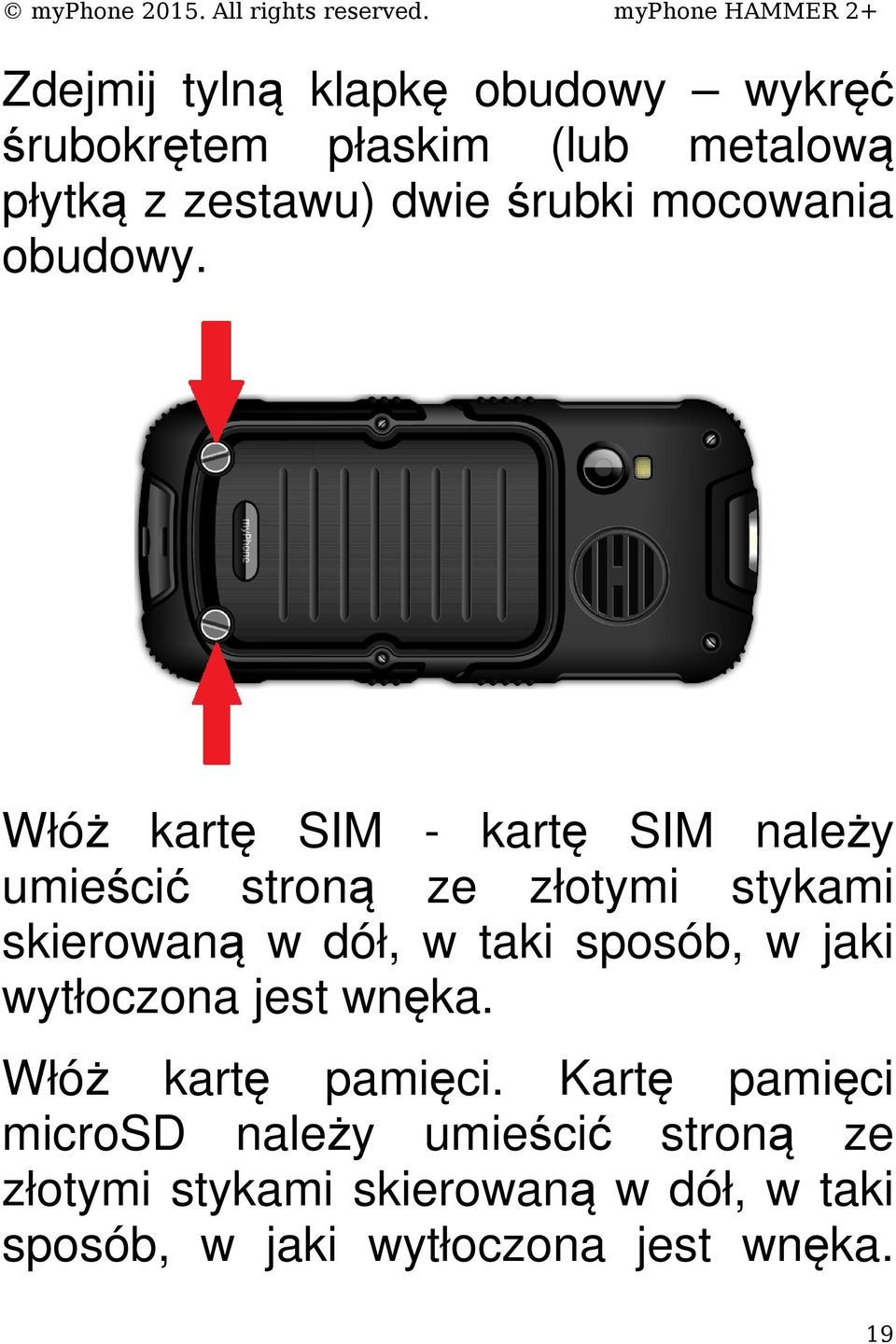 Włóż kartę SIM - kartę SIM należy umieścić stroną ze złotymi stykami skierowaną w dół, w taki