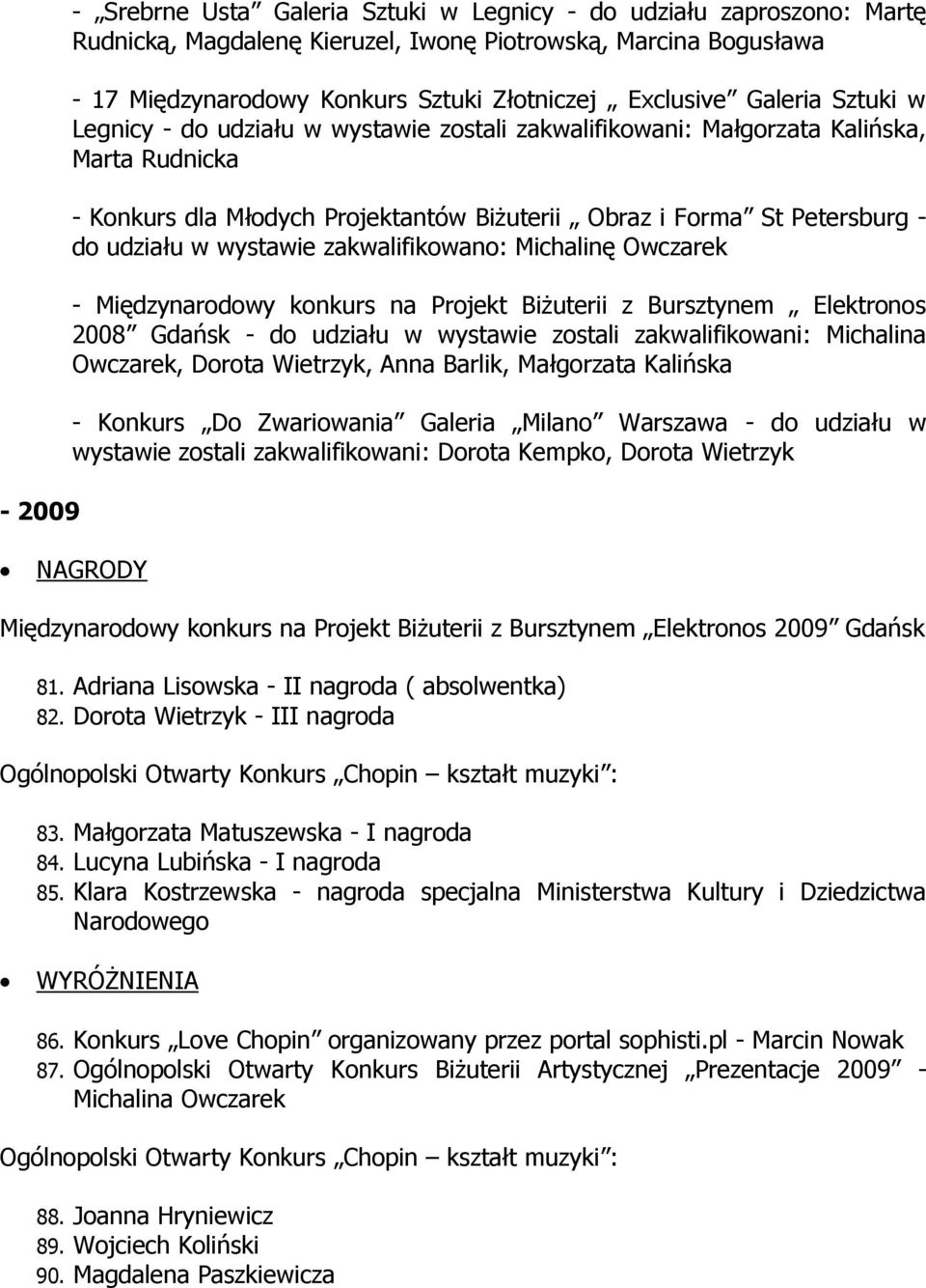 wystawie zakwalifikowano: Michalinę Owczarek - Międzynarodowy konkurs na Projekt Biżuterii z Bursztynem Elektronos 2008 Gdańsk - do udziału w wystawie zostali zakwalifikowani: Michalina Owczarek,