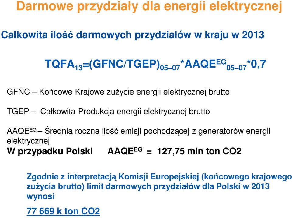 emisji pochodzącej z generatorów energii elektrycznej W przypadku Polski AAQE EG = 127,75 mln ton CO2 Zgodnie z