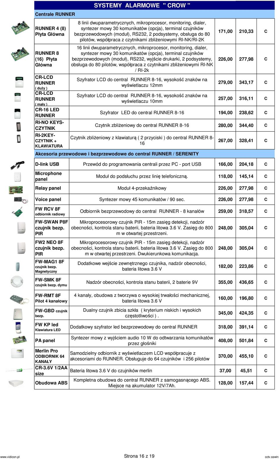 współpraca z czytnikami zbliżeniowymi RI-NK/RI-2K 16 linii dwuparametrycznych, mikroprocesor, monitoring, dialer, syntezer mowy 30 komunikatów (opcja), terminal czujników bezprzewodowych (moduł),