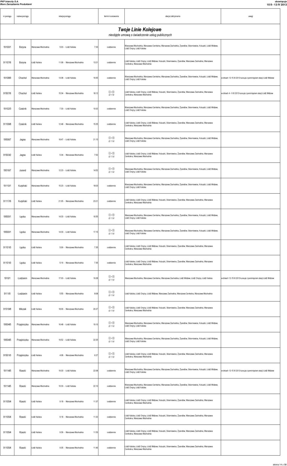 Łódź Chojny, Łódź Widzew, Koluszki, Skierniewice, Żyrardów, Zachodnia, Centralna, Wschodnia 19108/9 Chochoł Wschodnia 13:38 - Łódź Kaliska 16:05 codziennie Wschodnia, Centralna, Zachodnia, Żyrardów,