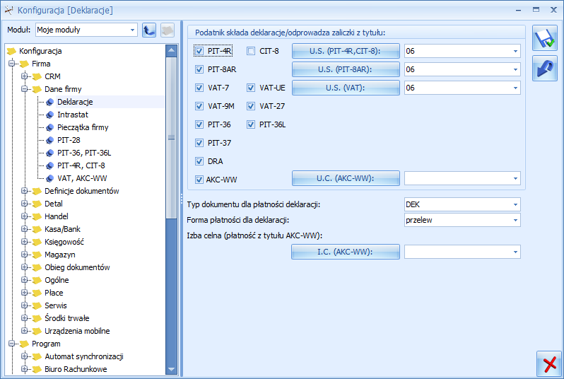 Parametry w Konfiguracji firmy Odznaczenie którejś z deklaracji spowoduje, że zniknie możliwość wygenerowania deklaracji w samym programie, a w module Biuro Rachunkowe przy predefiniowanych