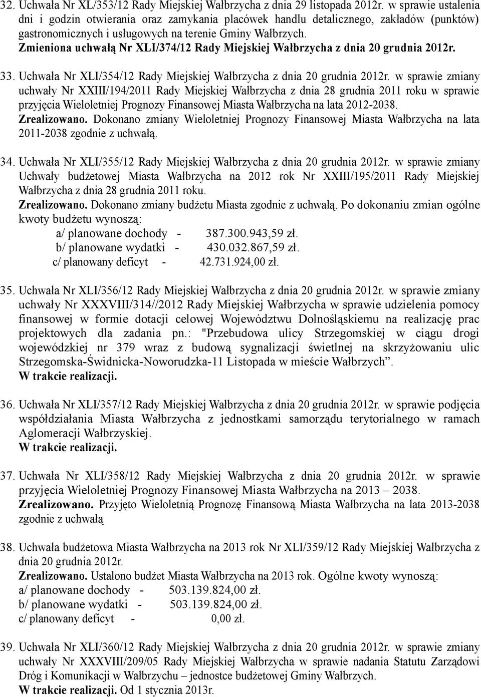 Zmieniona uchwałą Nr XLI/374/12 Rady Miejskiej Wałbrzycha z dnia 20 grudnia 2012r. 33. Uchwała Nr XLI/354/12 Rady Miejskiej Wałbrzycha z dnia 20 grudnia 2012r.