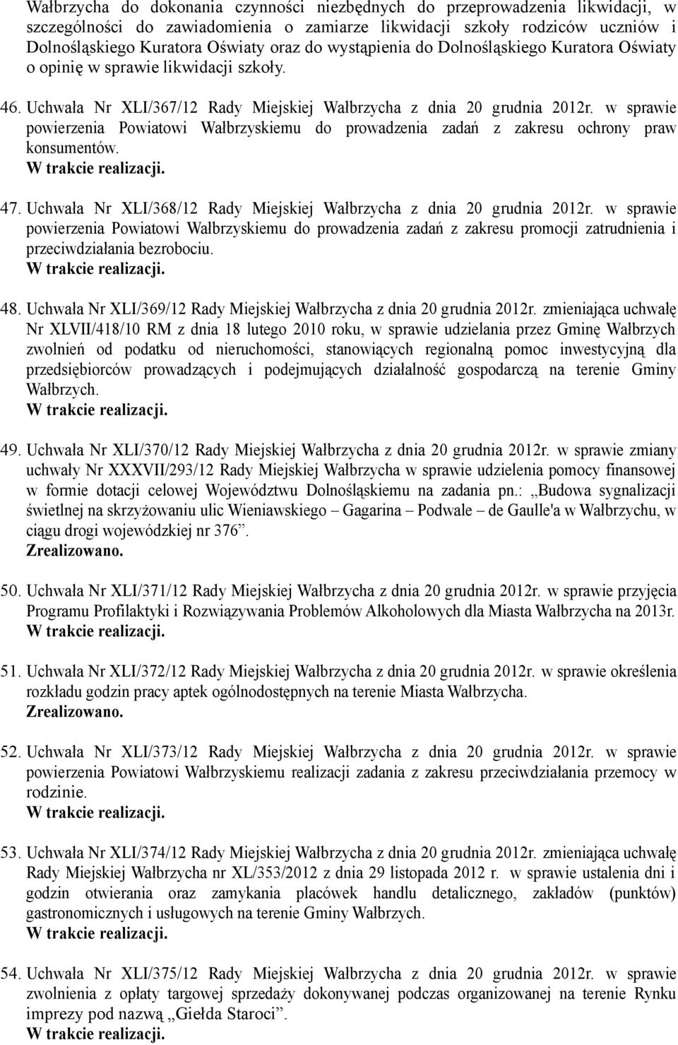 w sprawie powierzenia Powiatowi Wałbrzyskiemu do prowadzenia zadań z zakresu ochrony praw konsumentów. 47. Uchwała Nr XLI/368/12 Rady Miejskiej Wałbrzycha z dnia 20 grudnia 2012r.