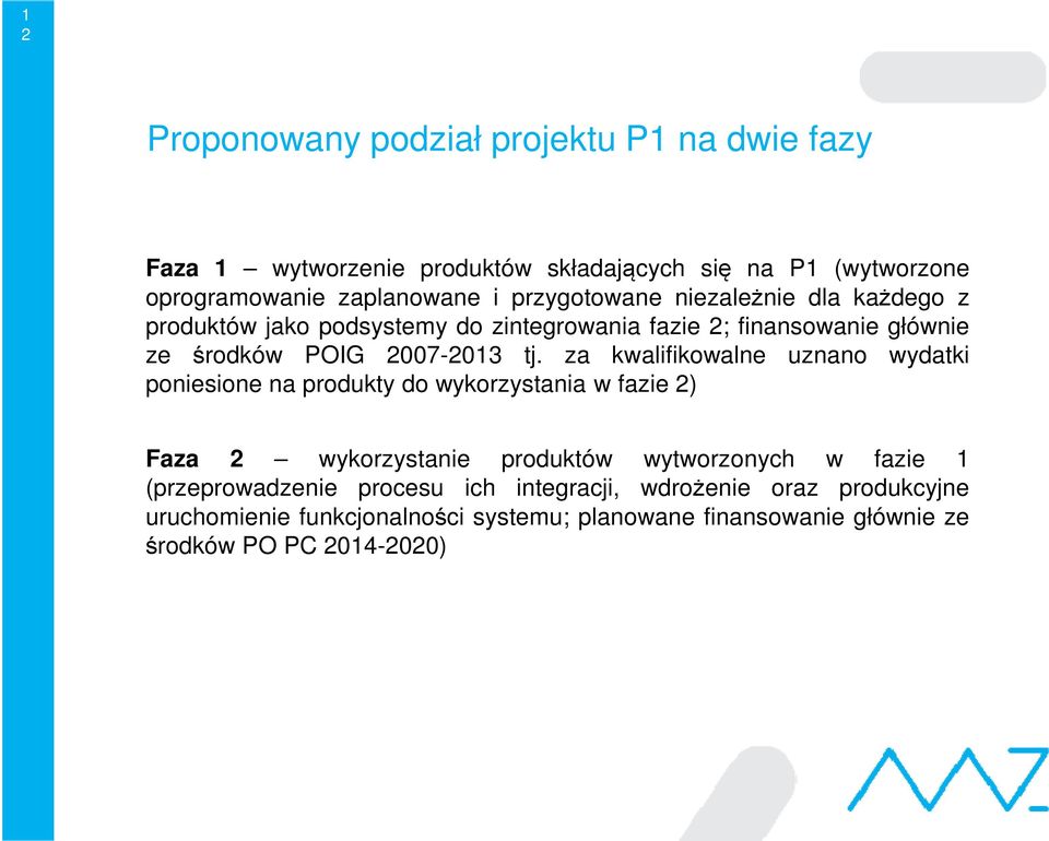 za kwalifikowalne uznano wydatki poniesione na produkty do wykorzystania w fazie 2) Faza 2 wykorzystanie produktów wytworzonych w fazie 1